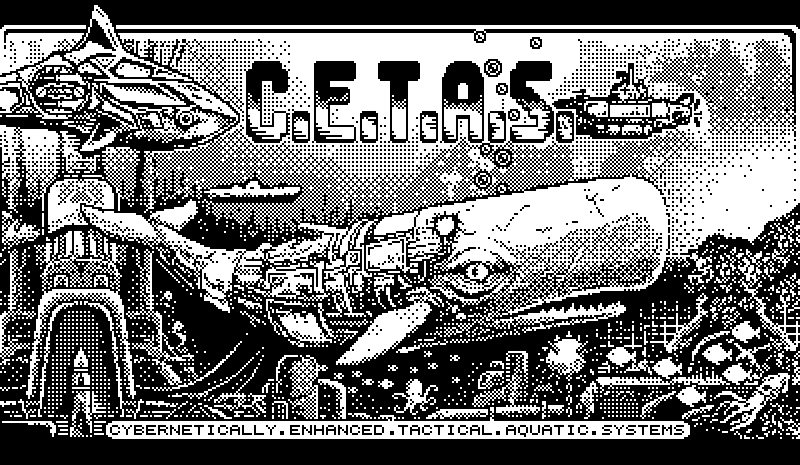 C.E.T.A.S. title screen: a cybernetic whale and shark over a sunken city